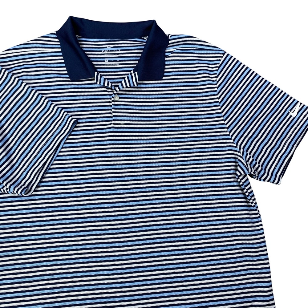 Nike Dri Fit Golf Polo Shirt Men XL Blue Striped Performance Knit Athletic Wick